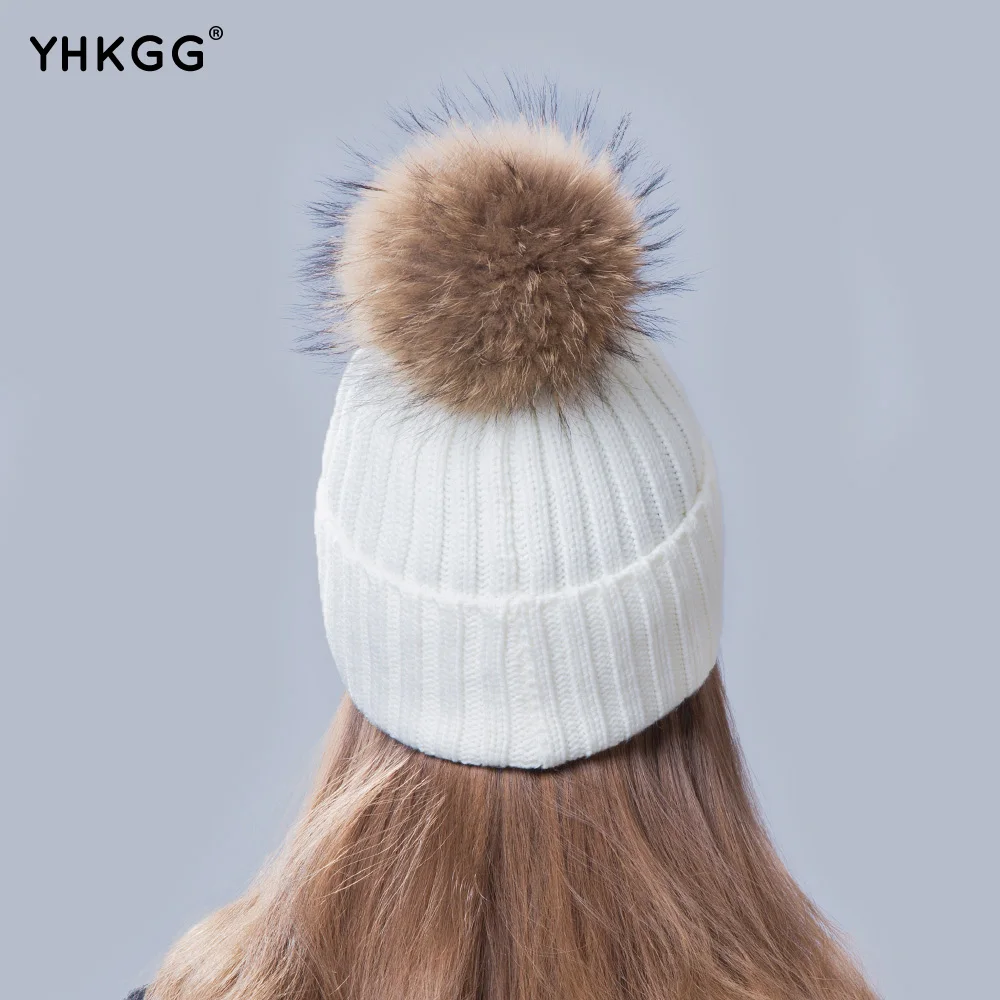 2018 новый вязаная шапка Женская мода большой Реального Ракун Меховой пом Шапочки