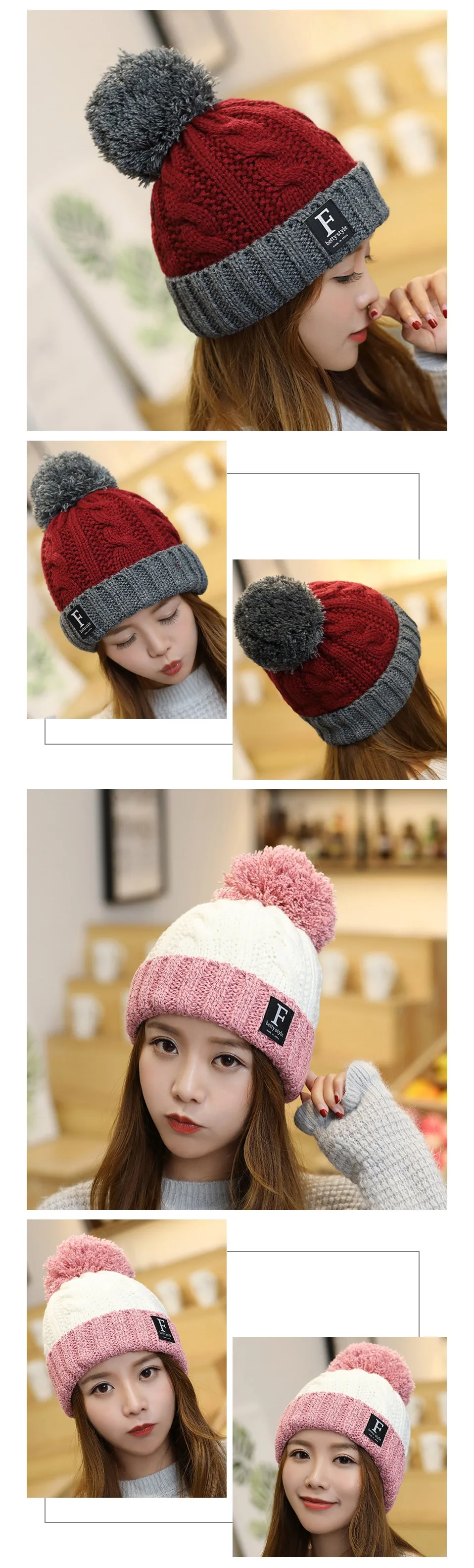 Winter Keep Warm Knitted Hat Women Outdoor Warm Double Color Cap Female Creative Pompom Decoration Cap Beanies