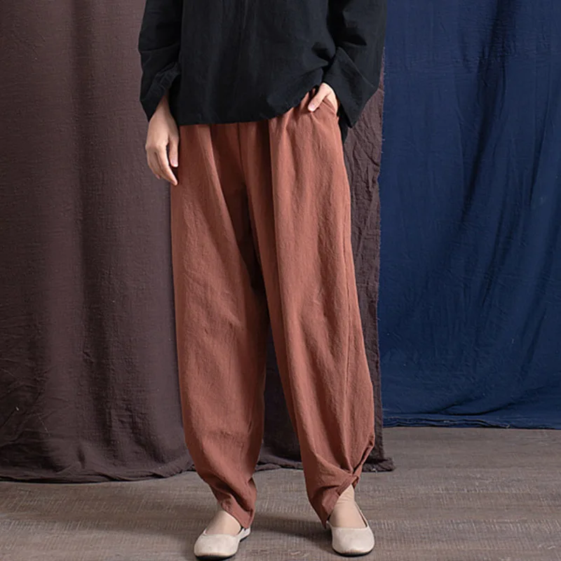 Dark Orange SCUWLINEN, женские штаны, винтажные, одноцветные, с эластичной талией, подходят ко всему, льняные штаны, повседневные, свободные, шаровары, штаны для женщин P083 - Цвет: Dark Orange