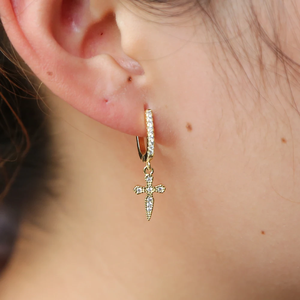 Маленькие круглые серьги подвески золотого цвета в форме Креста для девочек и