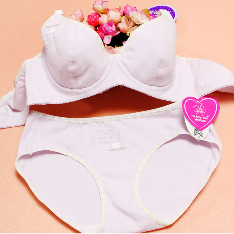 Free Shipping Feichangzimei Cute BraAnd Panties Cotton Solid Purple Yellow Underwire A/B Cup Sport Girls Bra Set-100083 | Детская одежда