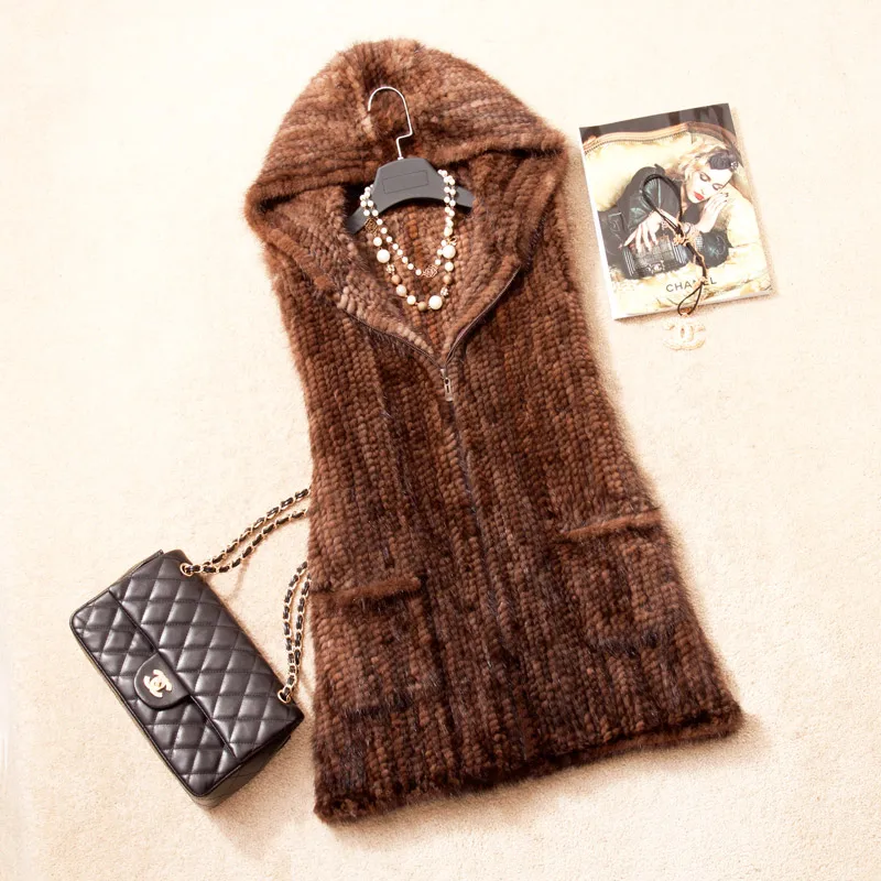 (TopFurMall) зимний женский настоящий вязаный норковый Меховой жилет с капюшоном
