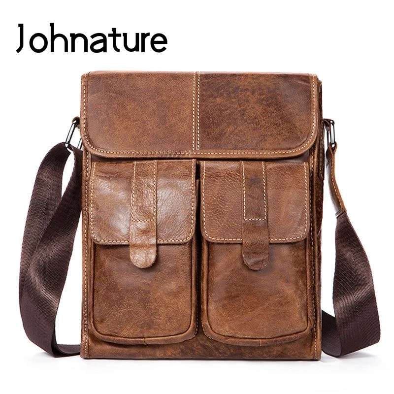

Johnature Vintage Genuine Leather Large Capacity Men Messenger Bag 2021 New Leisure Solid Color Cowhide Shoulder&Crossbody Bags