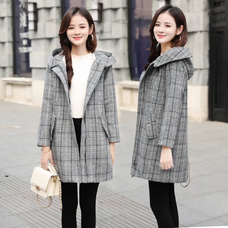 Зимняя длинная клетчатая куртка с капюшоном из овечьей шерсти хлопковой