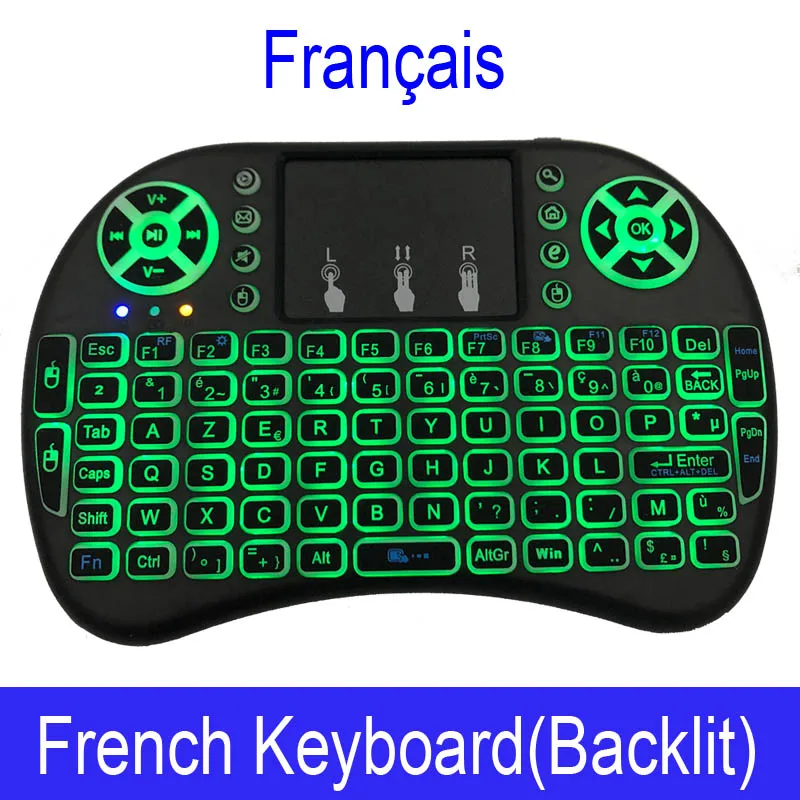 French Backlit 5 шт. Мини i8 Беспроводная клавиатура 3 цвета с подсветкой Английский Русский Испанский 2,4 ГГц 7 цветов i8B Air mouse тачпад для Android tv BOX - Цвет: French Backlit