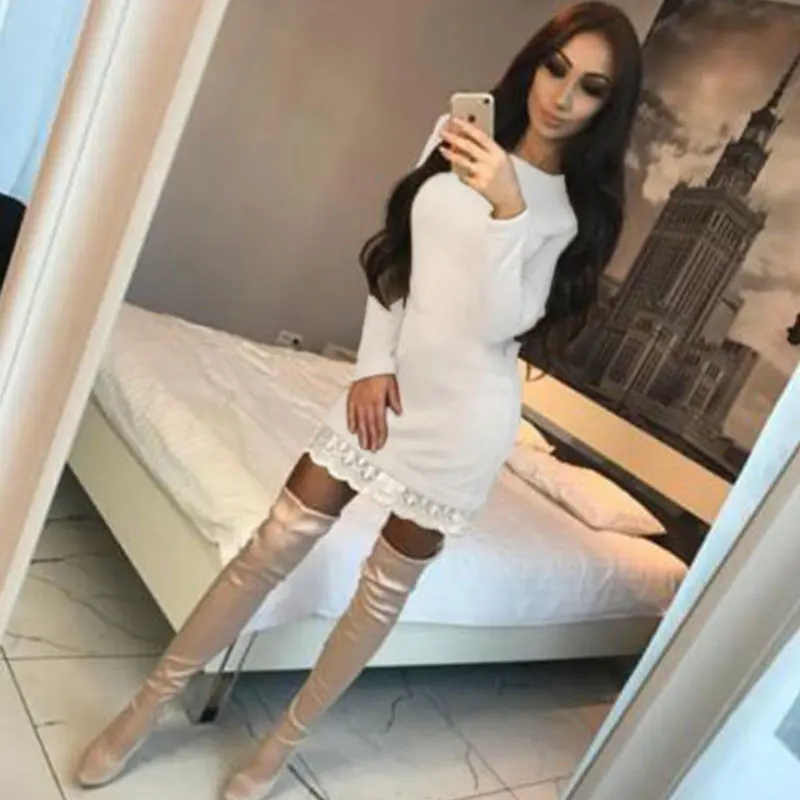 Новинка осенне зимние женские кружевные платья вязаное облегающее платье свитер