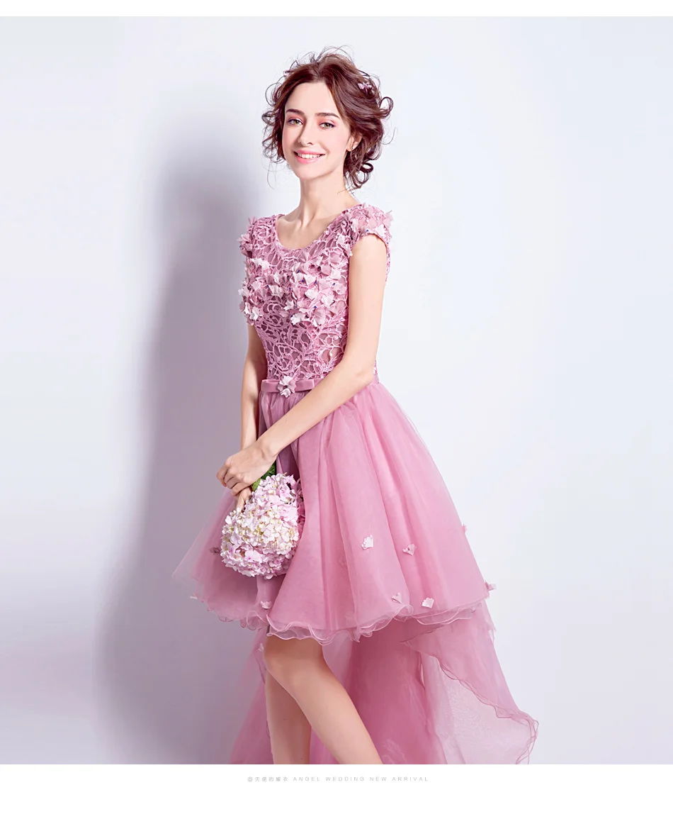 Fairy Elegant Fashionable pink short dresses graduation 2018 O-neck Formal Dress front with long sweep train Party Gown | Свадьбы и