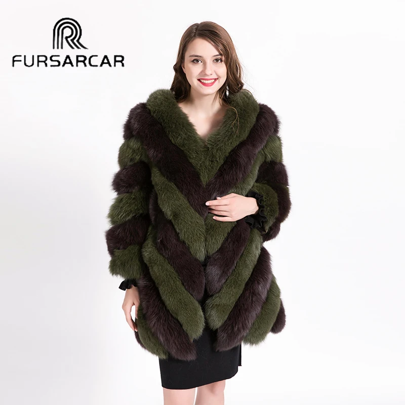 FURSARCAR Роскошные зимние Для женщин натуральный мех Натуральная длинный рукав женские комплекты с курткой для детей 80 см длинная полосатая ночная рубашка из натурального меха лисы пальто с лисьим мехом