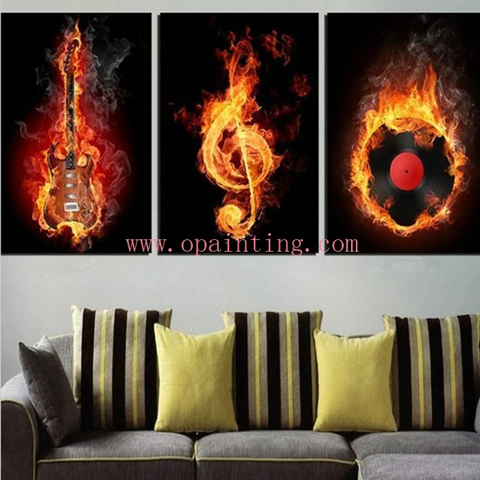 

Free Shipping 3 Panel Wall Art Modern Picture Black And Yellow Style Guitar For Home Decoration On Canvas Handmade Painting