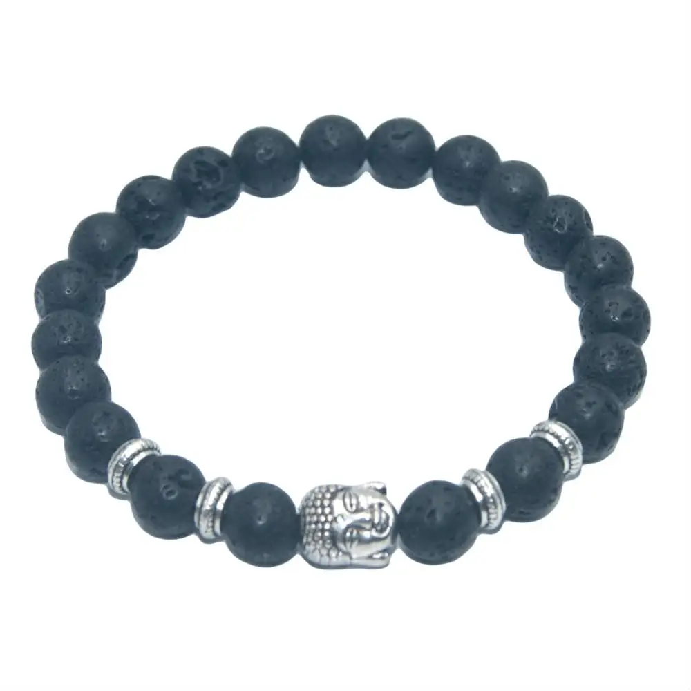 Silver Buddha Head 8 мм Черный Природный камень из вулканической породы Сова голова Будды Браслеты на удачу для женщин мужчин Шарм ювелирные изделия стрейч энергетическая Йога - Окраска металла: Silver Buddha Head