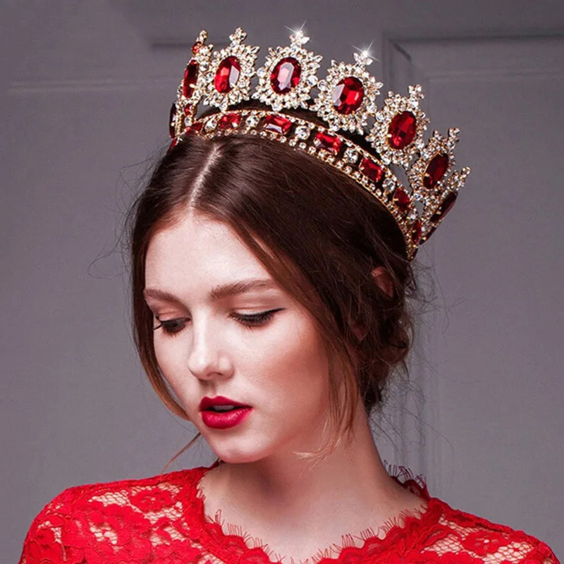 Red Crown Gold Metal Барокко Красный Кристалл полная круглая корона большая синяя тиара большие стразы Принцесса Корона женские свадебные аксессуары для волос; свадебные подарки - Окраска металла: Red Crown Gold Metal