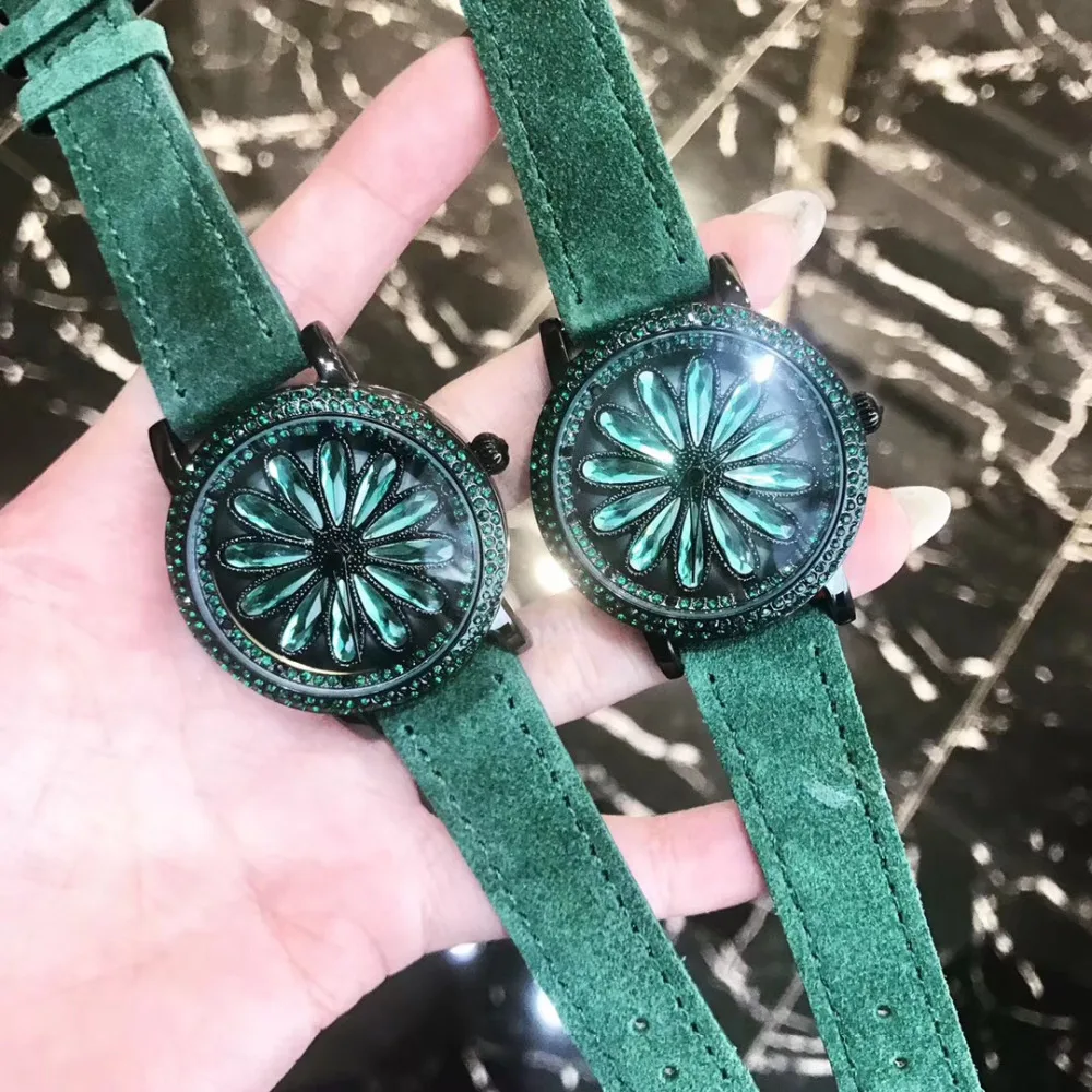 

New Matching Green Black Watches for Women Crystal Daisy Flower Spinning Watch GOOD LUCK Rotating Wrist watch Fur Leather Montre