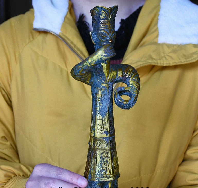 14 8 &quotАнтичная старая китайская Бронзовая позолоченная династия sanxingdui статуя