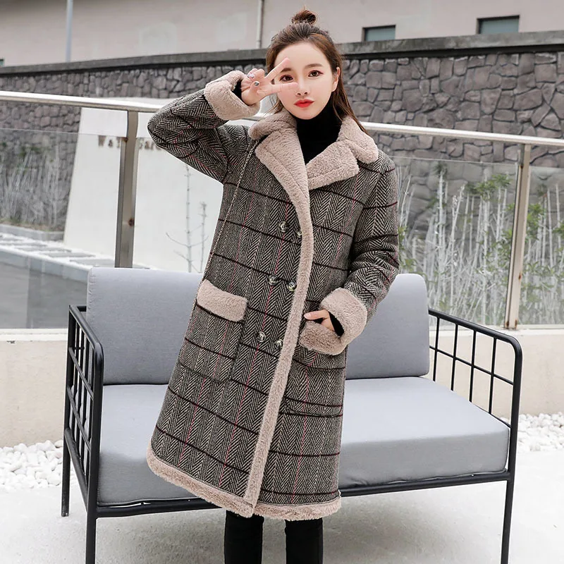 Для женщин Шерстяное пальто зима плед из овечьей шерсти Сгущает шерстяной