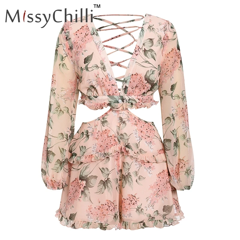 MissyChilli сексуальный летний комбинезон с v-образным вырезом и открытой спиной для женщин шифоновый пляжный Короткий Комбинезон Элегантные розовые вечерние комбинезоны с рюшами