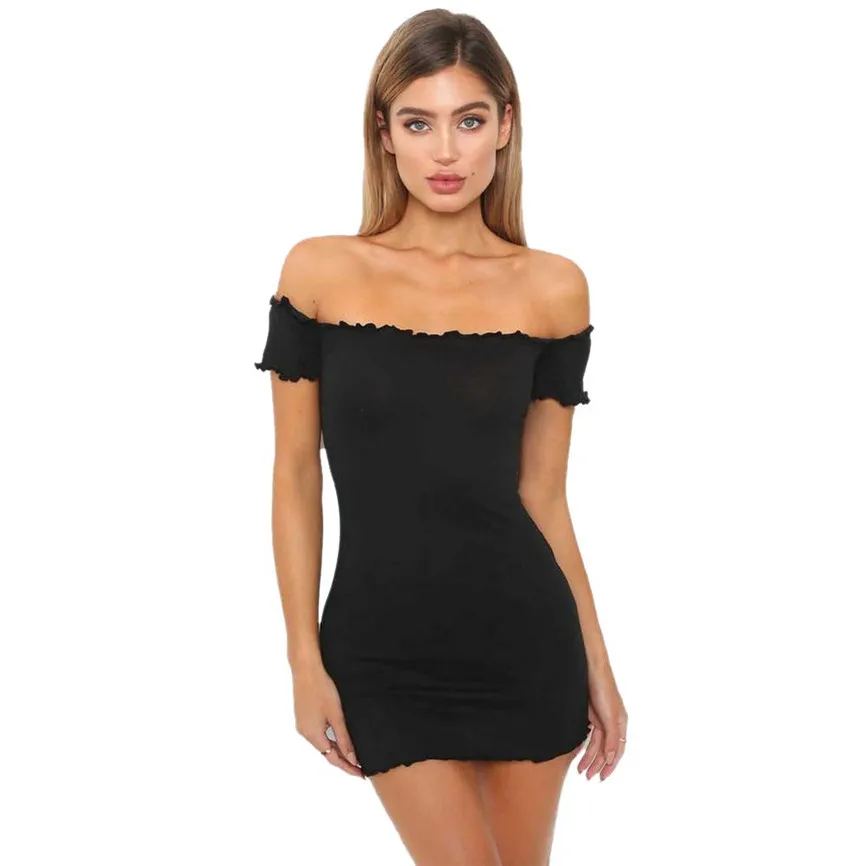 Summer Women Off Shoulder Mini Dress Ladies Short Sleeve Crimping Party 2019 Evening | Женская одежда