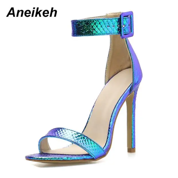 Blue Aneikeh/ г. Летние женские босоножки из PU искусственной кожи туфли-лодочки на ремешке с пряжкой туфли на очень высоком каблуке, с круглым носком, на тонком каблуке, с закрытой пяткой, синего и серебристого цвета, размеры 35-42 - Цвет: Blue