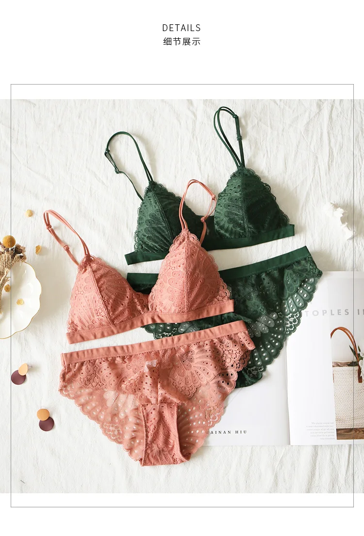 French Lace Underwear Thin Padded Push Up Bralette Translucent Sexy Pantie Small Boobs Comfortable Female Lingerie Wireless Cami