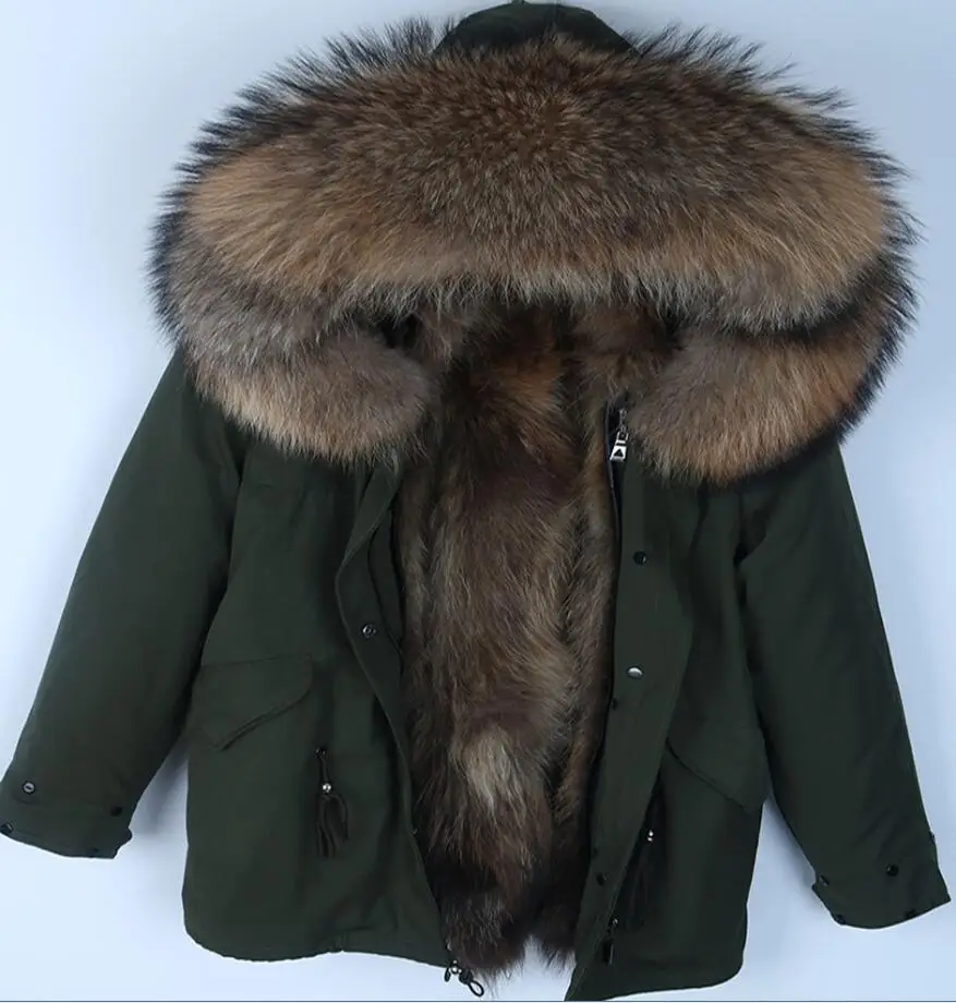 Green raccoon short Популярные мужские повседневные парки Зимняя енотовидная собака Меховая подкладка теплая одежда Мужская Короткая Меховая парка енотовидная собака Меховая куртка с капюшоном натуральный мех - Цвет: Green raccoon short