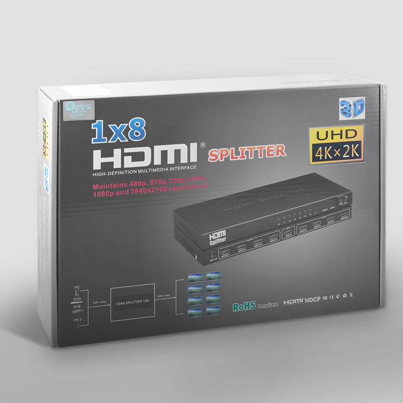 Dorewin HDMI Splitter 8 Порты и разъёмы 1x8 коммутатор 4 К 1080 P 2.0 Дистрибьютор адаптер для HDTV