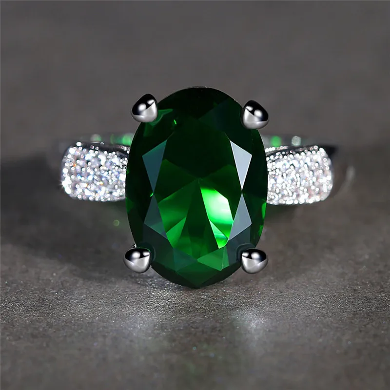 Elegant Large Green Stone Zircon Ladies Rings Female Antique Silver Color Ring Jewelry Woman Girl Accessories Gifts R412 | Украшения и