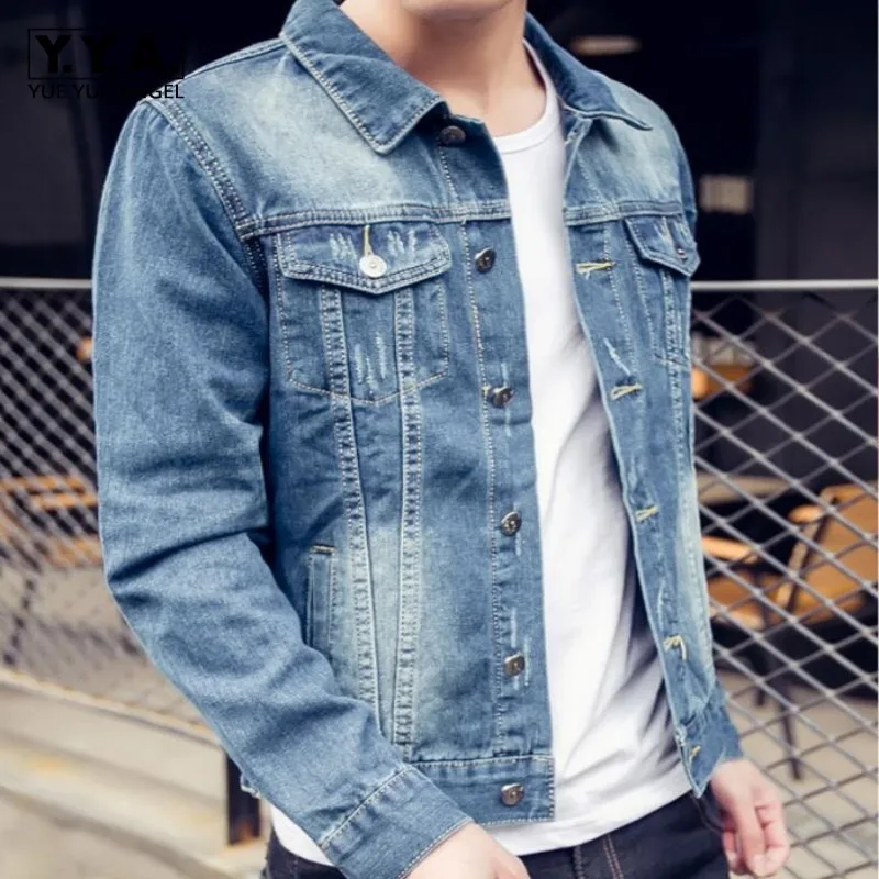 Мужская джинсовая куртка с воротником стойкой повседневная приталенная синяя