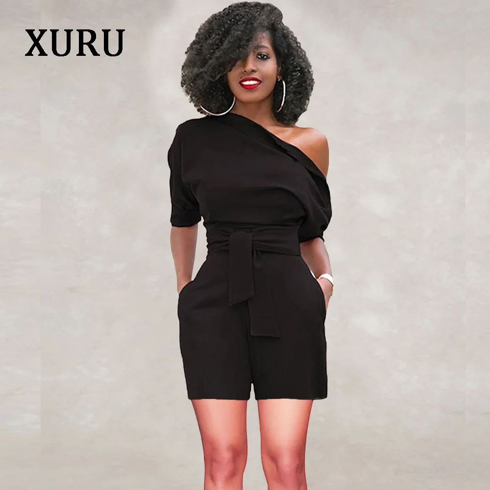 XURU Women Slash Neck Rompers Belted Button Jumpsuit Summer Solid Casual Bodycon Jumpsuit Rompers Womens Overalls