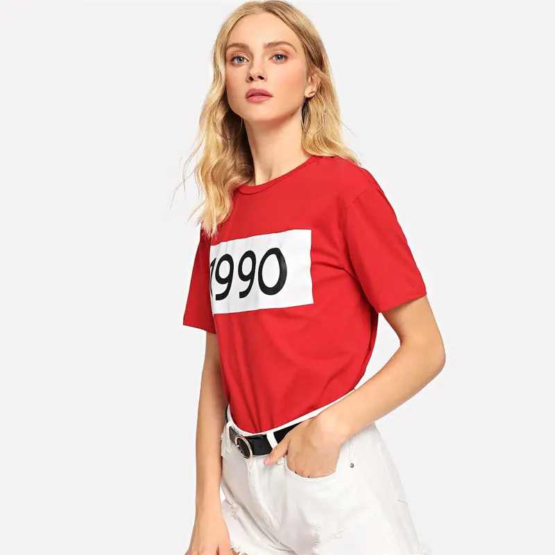 SHEIN Футболка С Текстовым Принтом И Коротким Рукавом Женские Летние Пуловеры С Круглым Вырезом С Коротким Рукавом