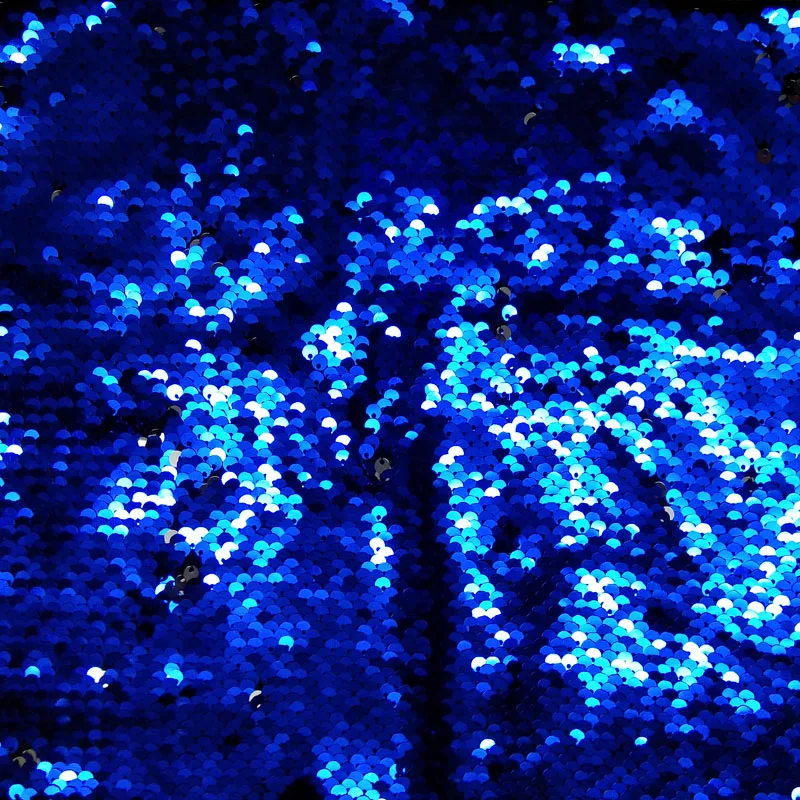 Блестящая блестящая двухсторонняя ткань с синими и серебряными блестками