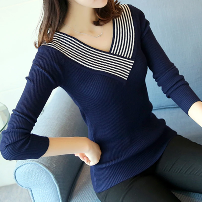 Женские свитера и пуловеры вязаные Полосатые с V-образным вырезом длинным