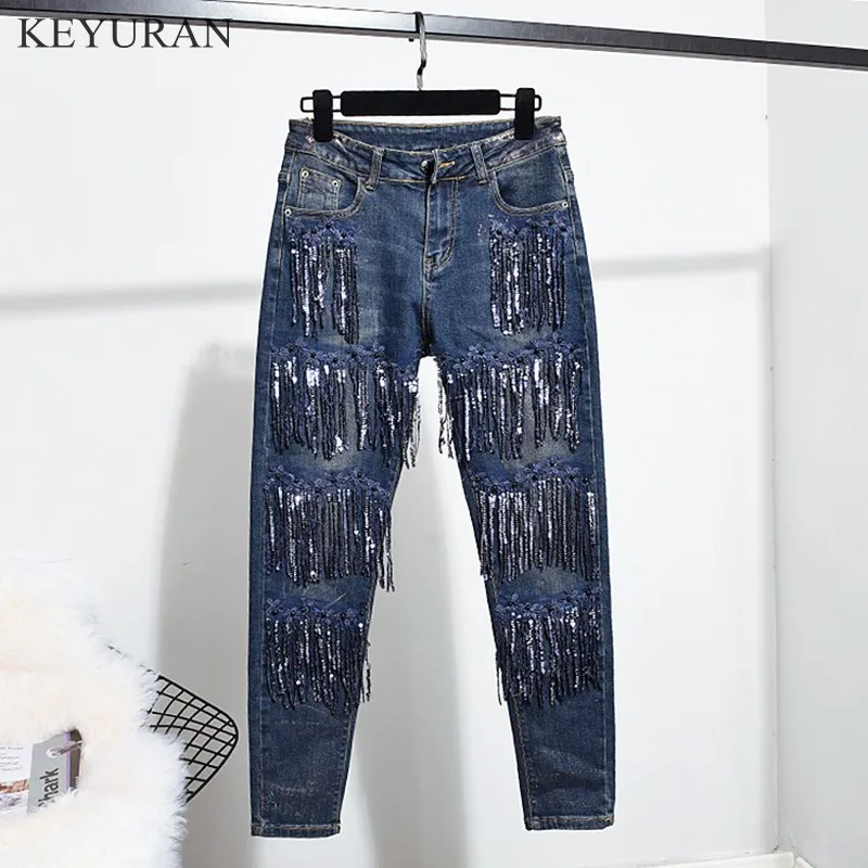 Blue Jeans Вышивка бисером блестками кисточкой для женщин деним из двух частей наборы с длинным рукавом Короткие куртки пальто+ тонкий карандаш джинсы женские костюмы - Цвет: Blue Jeans