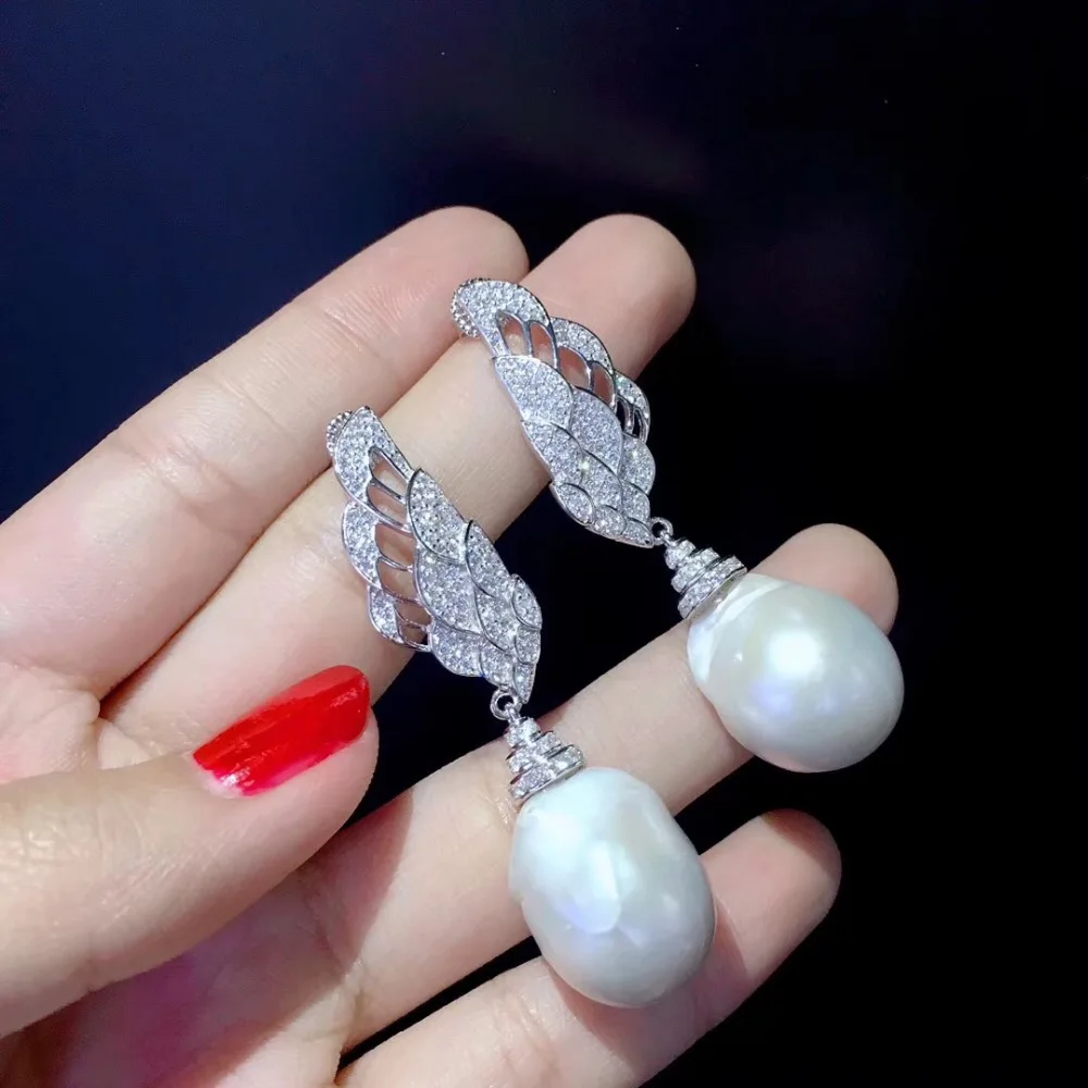 

baroque natural fresh water pearl drop earring long earring 925 sterling silver with cubic zircon feather fine women jewelry