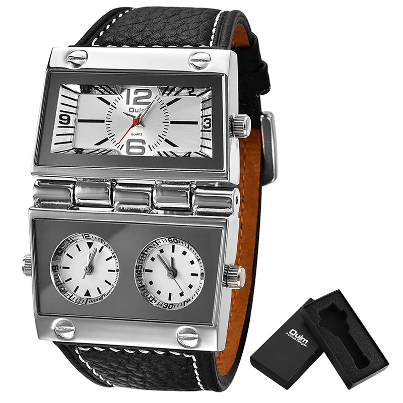 White(with box) Новые мужские спортивные часы с двойным дисплеем Oulm, мужские часы, большие размеры, модные уличные часы, кожаные кварцевые часы, Relogio Masculino - Цвет: White(with box)