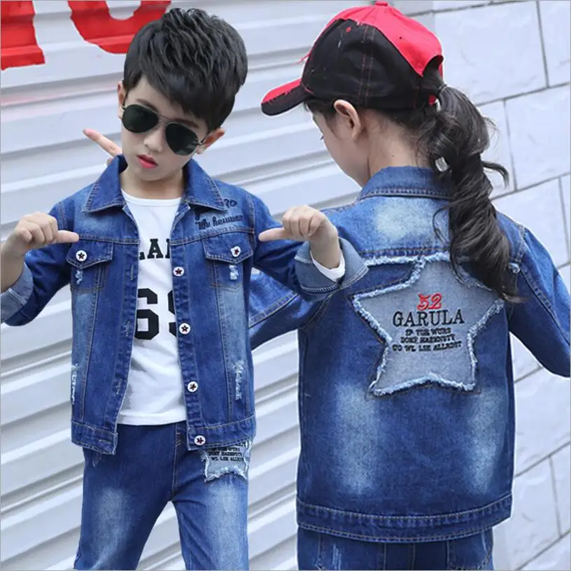 2018 New Children Spring/Autumn Set Boy/Girl Fashion Letter Embroidered Denim Jacket Jeans Suit Kids Baby Casual Clothes | Детская