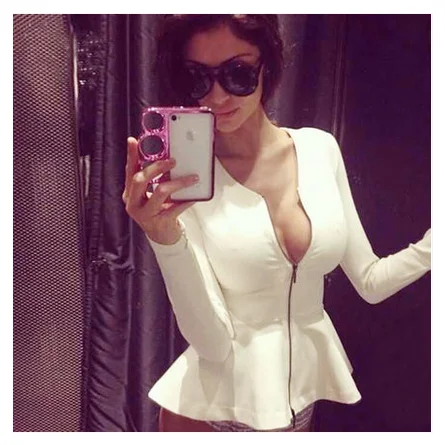 

Top Quality Hot Black White Front Zipper Long Sleeve Bandage Coat Celebrity Hot Club Party Top Clothes