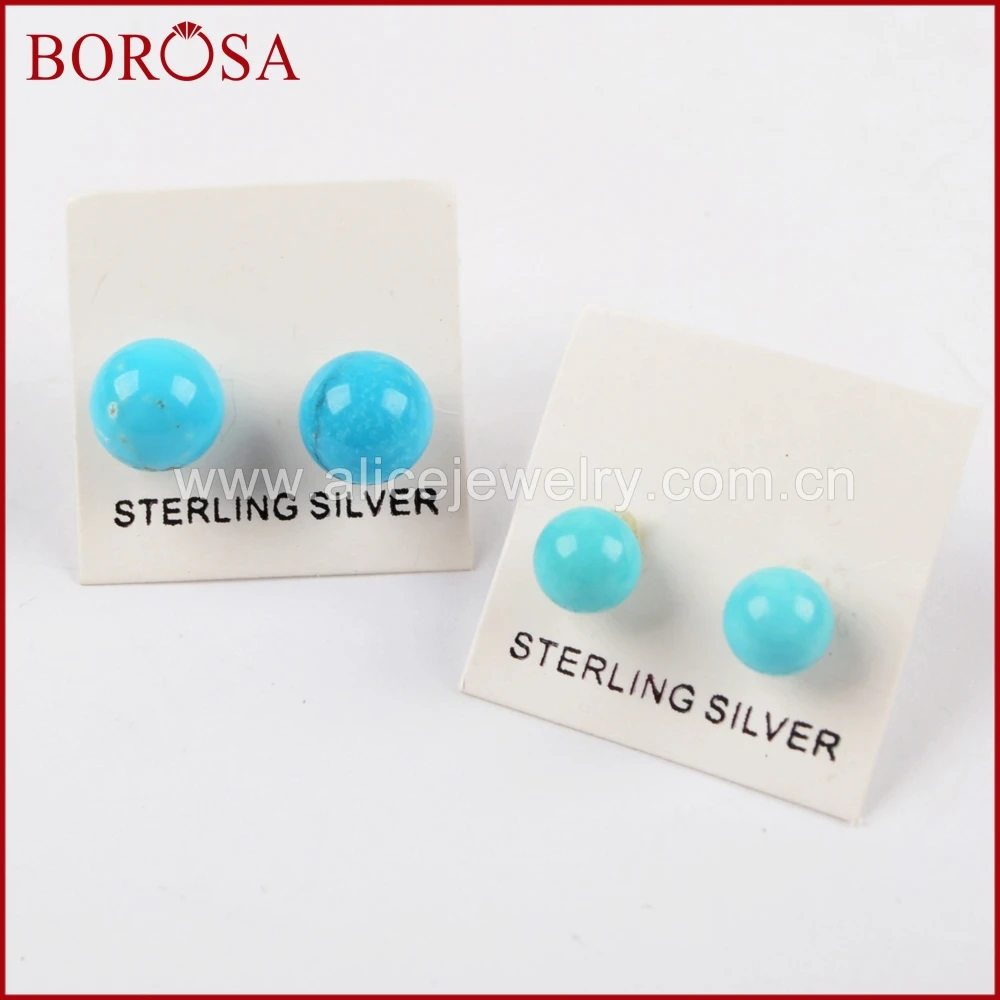 Модные серьги гвоздики BOROSA из чистого серебра 100% натуральная бирюза 92.5%