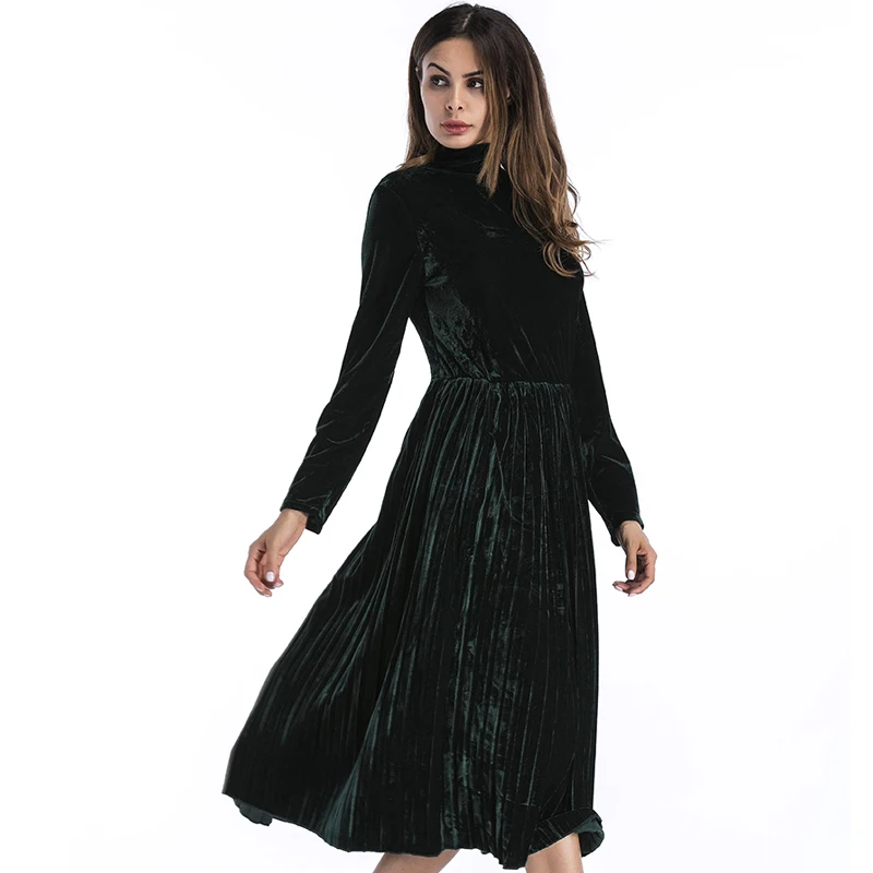 2018 Autumn Black Turtleneck Velvet Party Dress Women Winter Vintage Fashion Mid Calf Female Vestidos De Festa Plus Size | Женская
