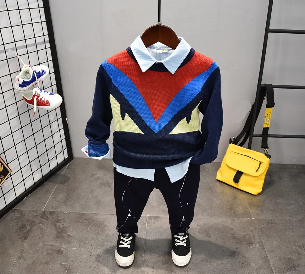 

Модная осенне-зимняя детская одежда для мальчиков, детский Хлопковый вязаный свитер + рубашка + брюки, 3 шт./компл., комплекты одежды для малыш...