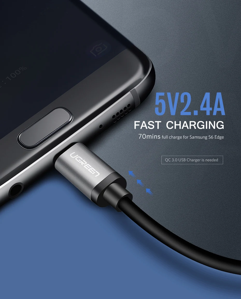 Ugreen 2.4A Micro USB-USB кабель для быстрой зарядки USB кабель для передачи данных для Xiaomi samsung huawei Tablet Android Micro USB шнур зарядного устройства