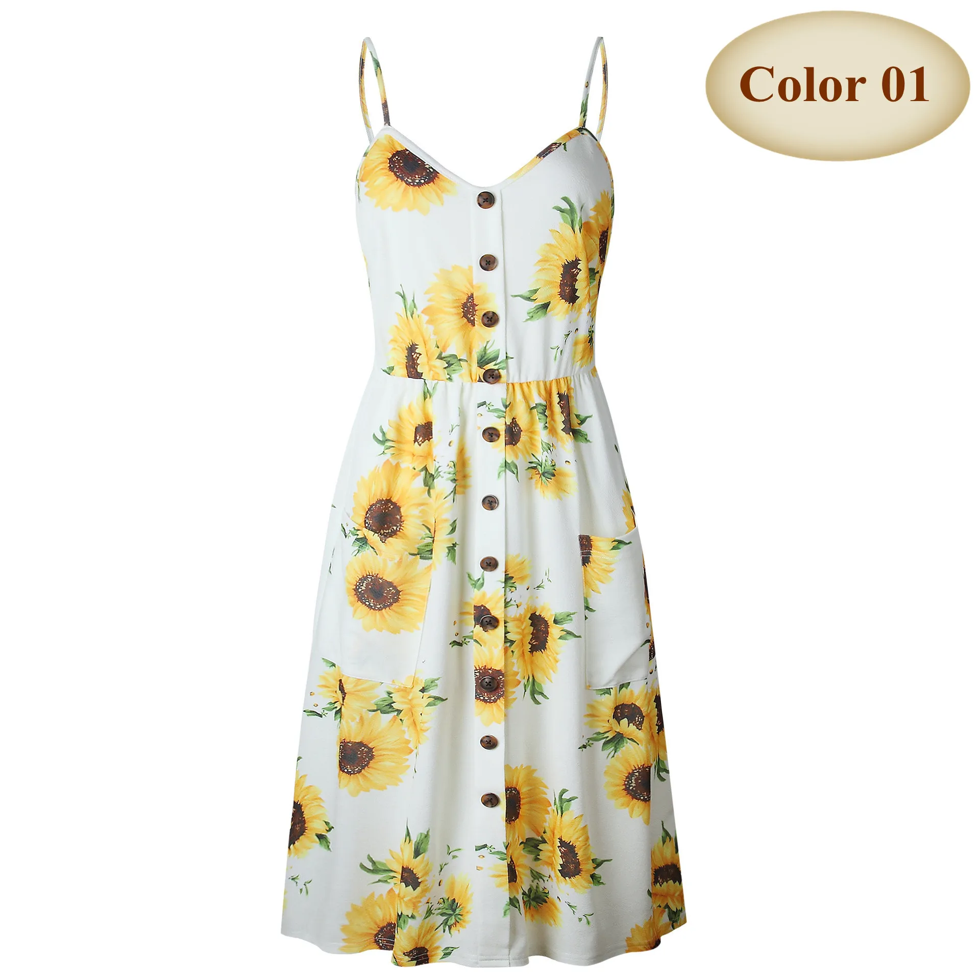 Color 01 New Boho Off-shoulder Party Beach Sundress Spaghetti Long Dresses Plus Size Summer Women Button Decorated Print Dress CRRIFLZ - Цвет: Color 01