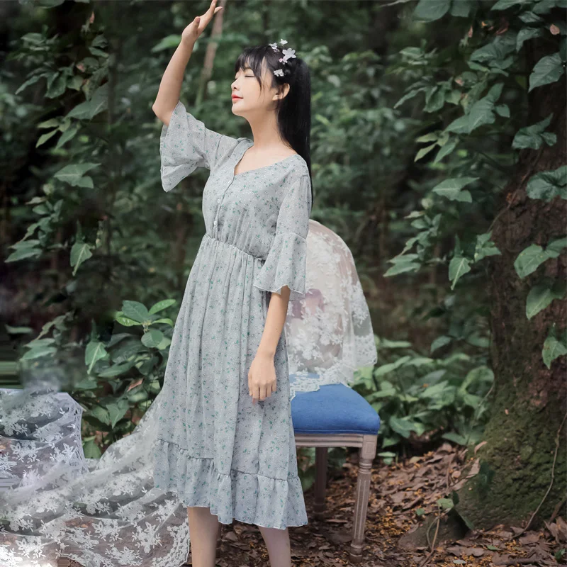 Новый короткими рукавами шифон тонкая талия большие качели платье flouncing23 |