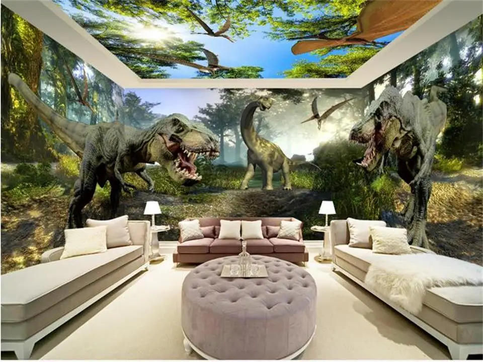 3d обои фотообои на заказ Фреска комната Юрского периода динозавры живопись фон