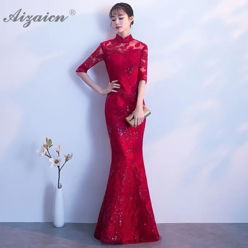 Современный красный Русалка длинное Cheongsam сексуальное Qi Pao женское традиционное китайское свадебное платье Qipao восточные невесты элегантные вечерние платья