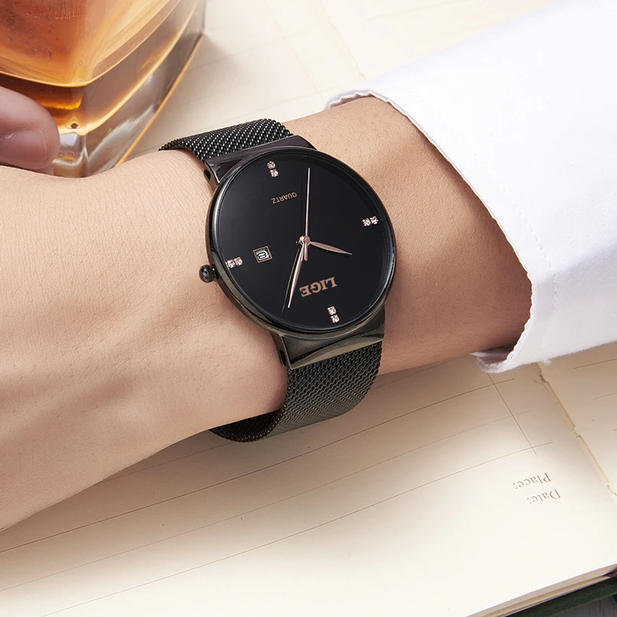 Reloj Hombre LIGE бренд Для мужчин часы платье кварцевые Сталь ремешок мужской ультра