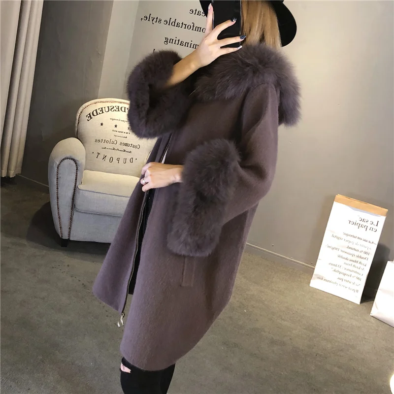 High Quality Women Real Fox Fur Hooded Cardigan Mink Cashmere Zipper Long Sleeve Winter Autumn Warm Kintted Coat |