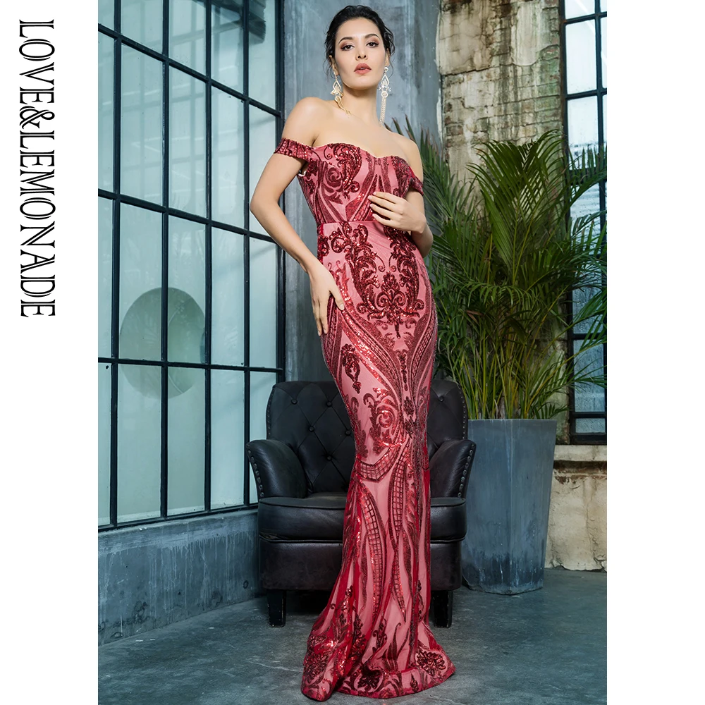 Love& Lemonade с плеча геометрические блестки длинное платье в обтяжку LM81343WINERED
