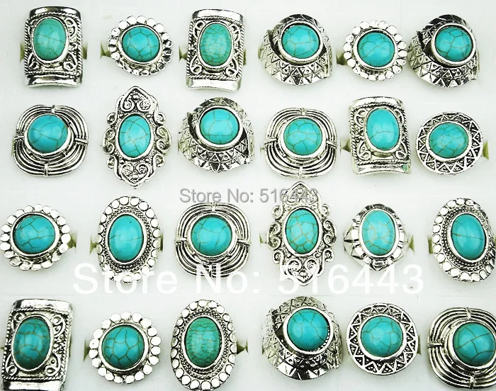 Женские и мужские винтажные кольца регулируемые с бирюзой серебряным покрытием