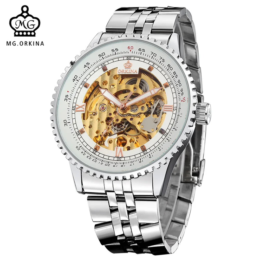Мг. Мужские автоматические часы бренд ORKINA роскошные золотистые Механические
