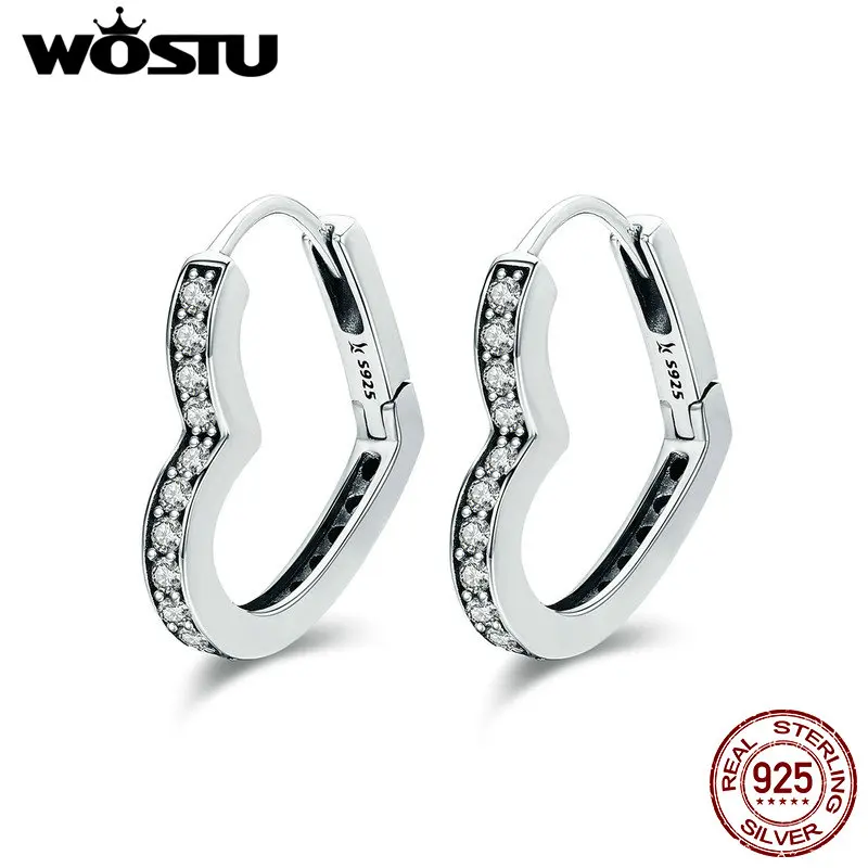 WOSTU, высокое качество, 925 пробы, серебро, романтическое сердце, прозрачный CZ, серьги-гвоздики для женщин, S925 серебро, ювелирное изделие, подарок CQE290