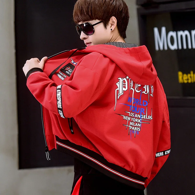 

Letter pattern print sport casual jacket students thin coat men hooded outerwear 2019 autumn winter